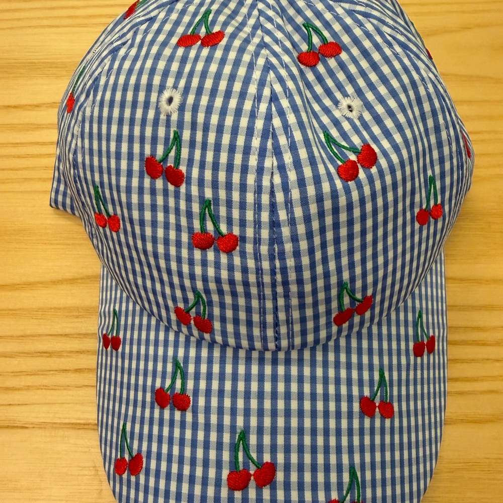 Blue Gingham Cherry Embroidered Baseball Cap